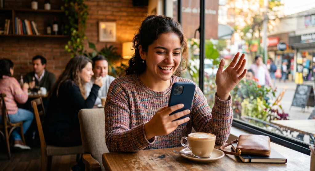 Mujer joven en un café, en videollamada, representando conexión y el programa de referidos Houm