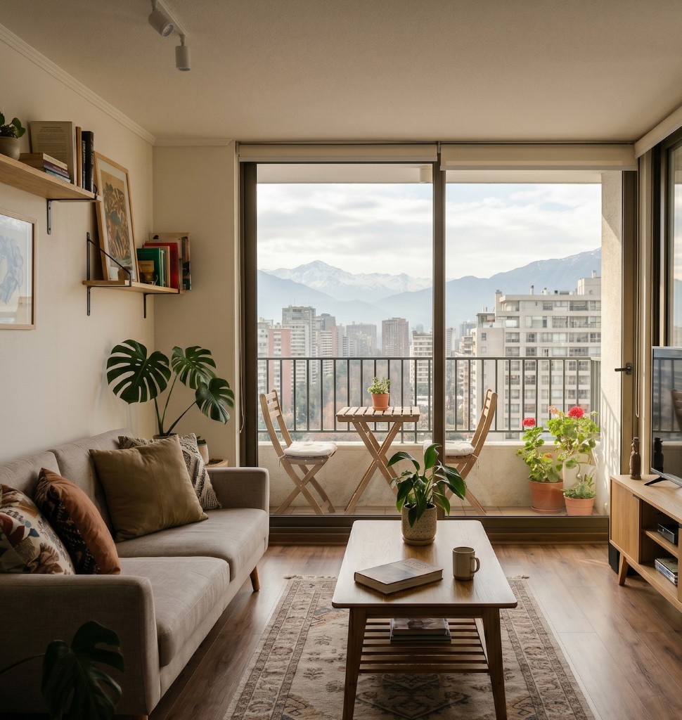 Living de departamento en Santiago con vista a la ciudad y la cordillera de los Andes